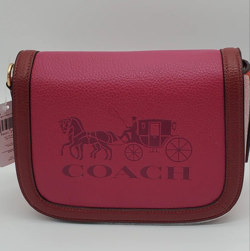 Coach Saddle with Horse & Carriage Leather Crossbody Colorblock Pink Ra - Picture 3 of 16